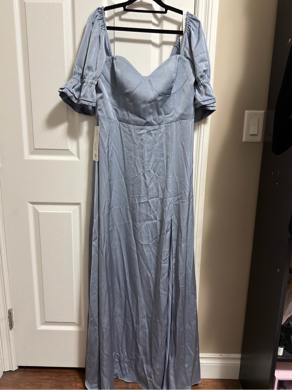 Azazie Harlie Dusty Blue Stretch Satin Puff Sleeve Maxi Dress A14 NWT